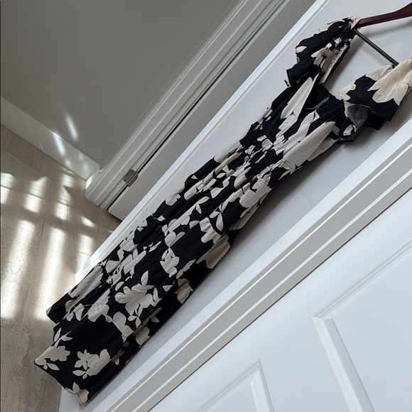 Anthropologie Black and Ivory Floral Print  Maxi Dress with Open Low Back - Picture 3 of 14